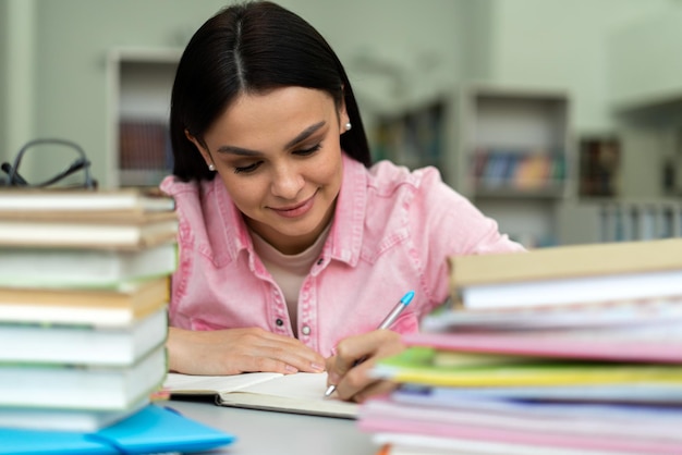 Hermosa estudiante adulta que pasa tiempo en la biblioteca de la universidad mientras escribe y se prepara para la lección necesaria Estudiar libros en la mesa de la biblioteca