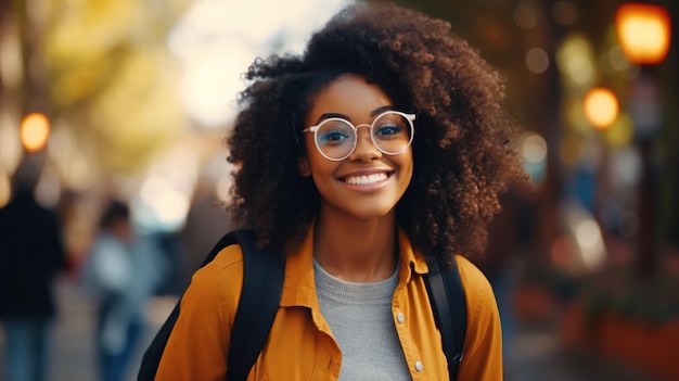 Hermosa estudiante negra con mochila y gafas en el parque Aprendizaje educativo de otoño