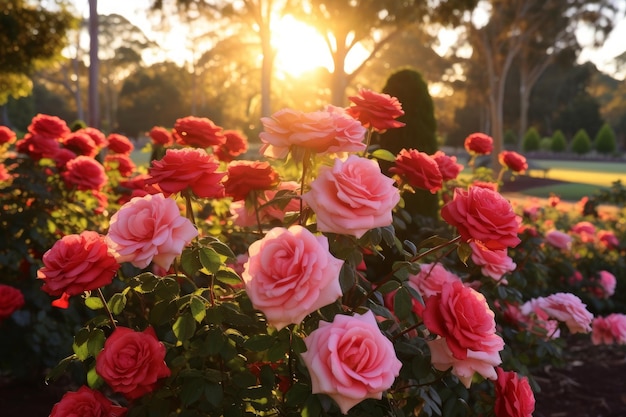 Hermosa exhibición de un jardín de rosas