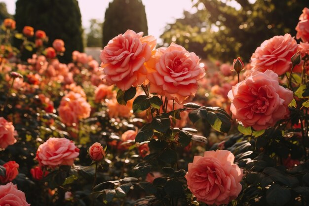 Hermosa exhibición de un jardín de rosas