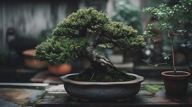 Una hermosa exhibición de plantas de bonsai en una olla de cerámica en el interior