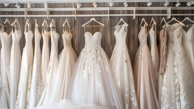 Una hermosa exhibición de vestidos de novia en una boutique de novias Los vestidos son de diferentes estilos desde clásicos y tradicionales hasta modernos y de moda