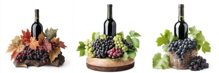hermosa exhibición de vino con uvas y botella perfecta para celebraciones
