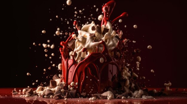 Hermosa explosión abstracta de leche y chocolate sobre fondo rojo.