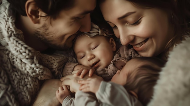 Una hermosa familia se abraza la madre está sonriendo y el padre está besando la cabeza de los bebés todos llevan pijama a juego