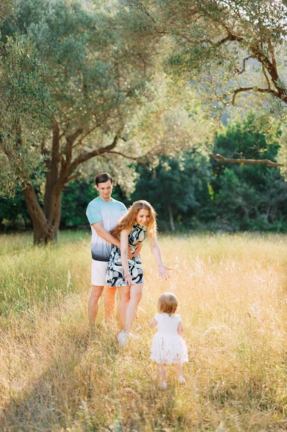 Foto hermosa familia feliz en el olivar en montenegro.