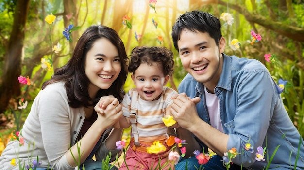 Una hermosa familia joven con un niño.