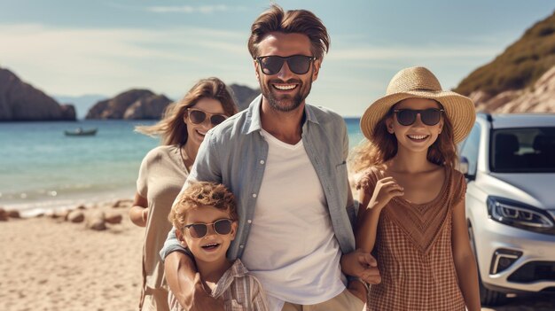 Foto una hermosa familia joven está de pie cerca del coche en la playa