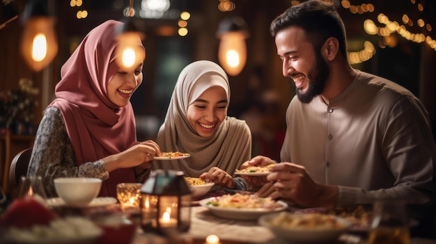 Hermosa familia musulmana asiática haciendo iftar dua para romper el ayuno durante el Ramadán