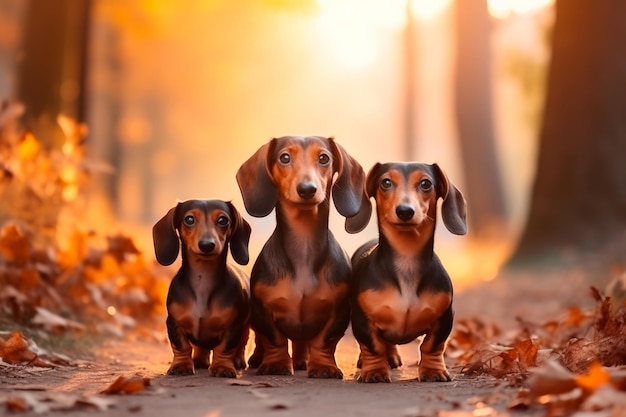 Una hermosa familia de perros dachshund en un hermoso fondo natural El perro camina en el pa