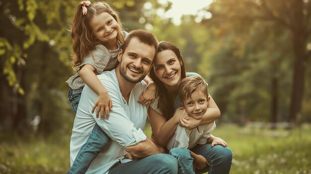 Una hermosa familia sonriente en el parque.