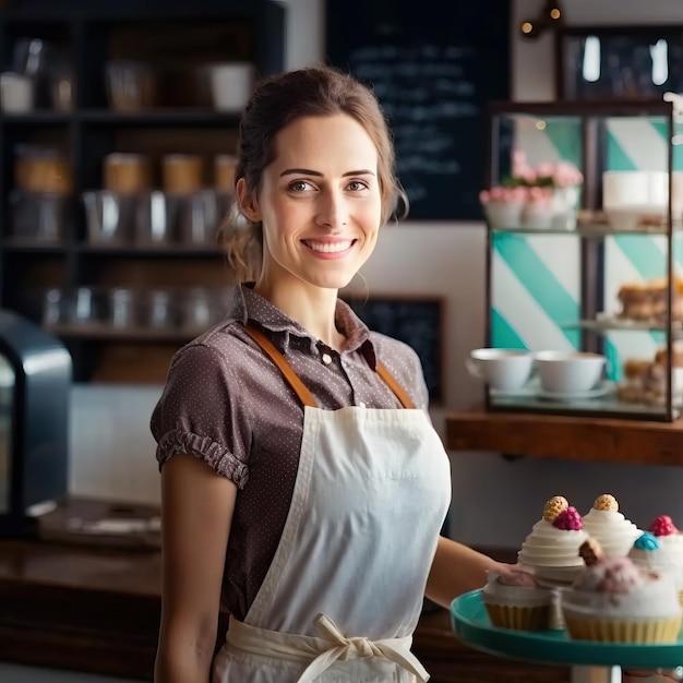 Una hermosa y feliz joven propietaria de una pequeña cafetería y pastelería vestida con un delantal