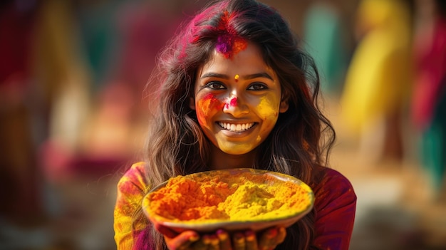 Una hermosa y feliz mujer india celebra Holi con polvo de colores o gulal, el festival indio de Holi.