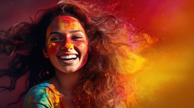 Una hermosa y feliz mujer india celebra Holi con polvo de colores o gulal, el festival indio de Holi.