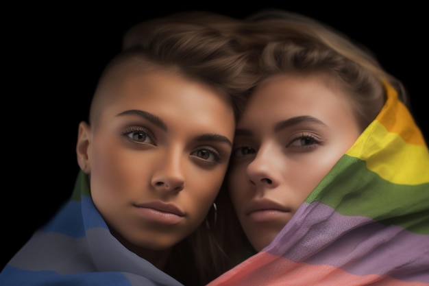 Una hermosa y feliz pareja de lesbianas gay con la bandera de colores del arco iris Mes del Orgullo LGBTQ fondo de pantalla