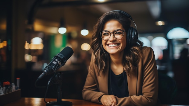 Hermosa y feliz presentadora de radio joven transmitiendo en el estudio usando computadora y auriculares