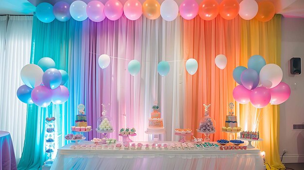 Una hermosa fiesta de cumpleaños con un tema arco iris la habitación está decorada con coloridos globos y rayas