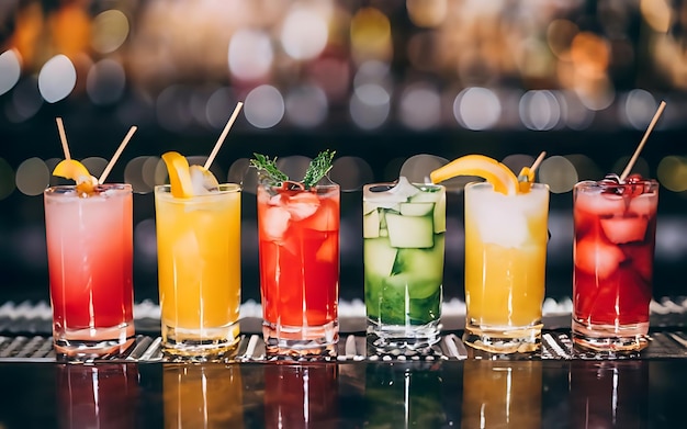 Una hermosa fila de coloridos cócteles alcohólicos en un bar de un club nocturno