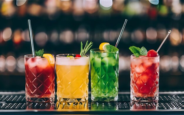 Una hermosa fila de coloridos cócteles alcohólicos en un bar de un club nocturno