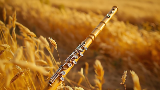 Una hermosa flauta de madera yace en un campo de trigo dorado la cálida luz del sol baña el instrumento creando una sensación de paz y tranquilidad