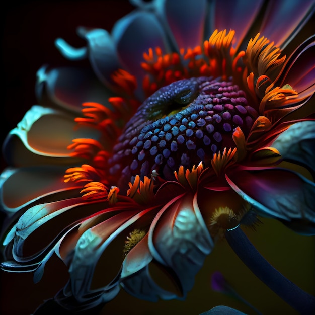 Foto hermosa flor abstracta sobre un fondo oscuro digital fractal art 3d rendering