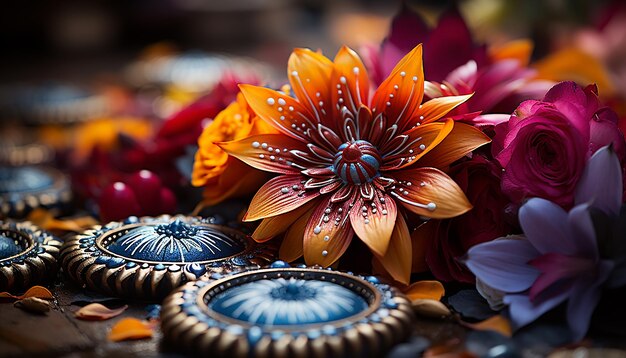 Foto una hermosa flor amarilla en un jarrón ornamentado en el interior generada por la ia