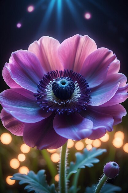 Una hermosa flor de anémona mágica con luces mágicas en el fondo