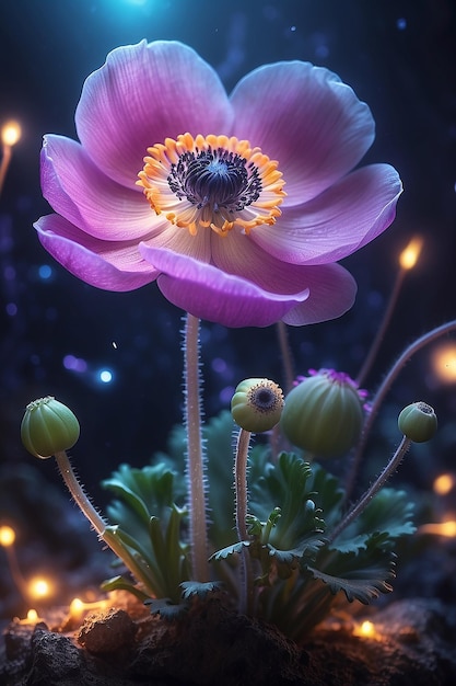 Una hermosa flor de anémona mágica con luces mágicas en el fondo