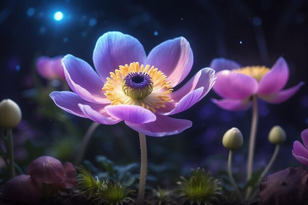 Una hermosa flor de anémona mágica con luces mágicas en el fondo