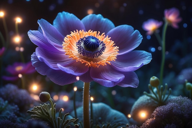 Una hermosa flor de anémona mágica con luces mágicas en el fondo