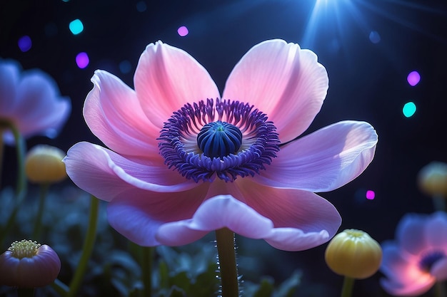 Una hermosa flor de anémona mágica con luces mágicas en el fondo