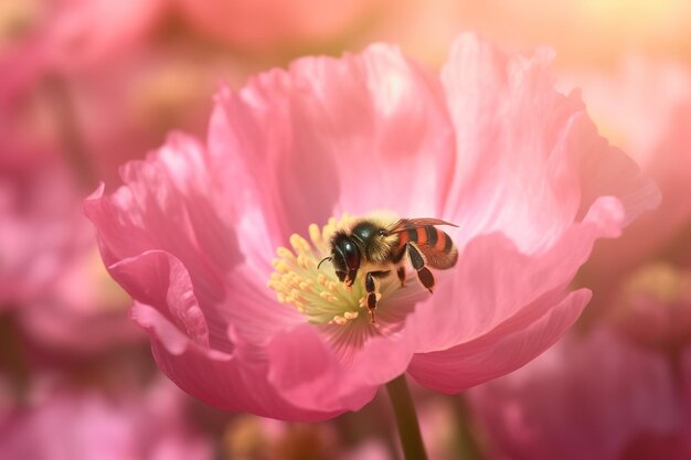 Hermosa flor de anémona rosa y abejorro volador