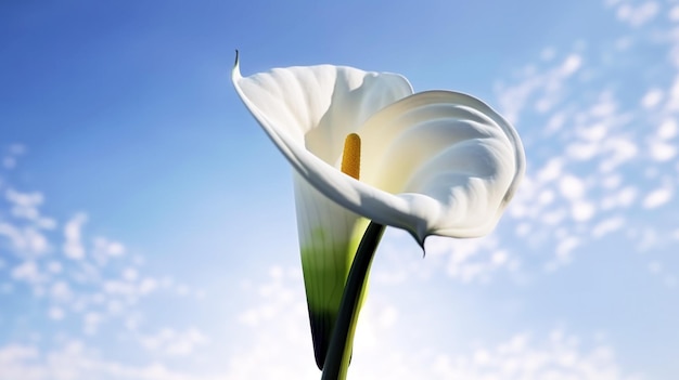 La hermosa flor calla Calla lily flor con limo contra el fondo azul cielo