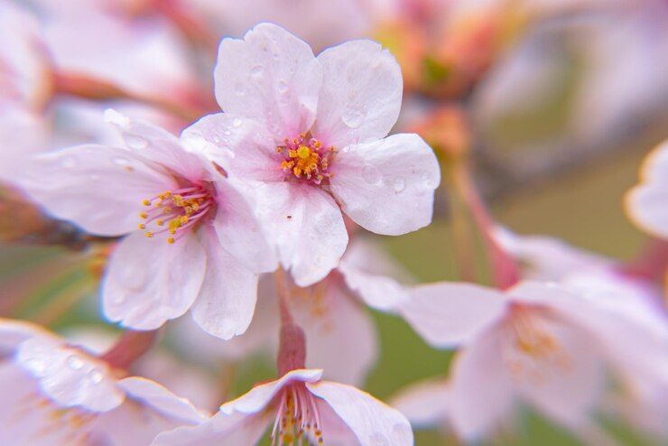 Hermosa flor de cerezo sakura en plena floración con fondo verde en primavera