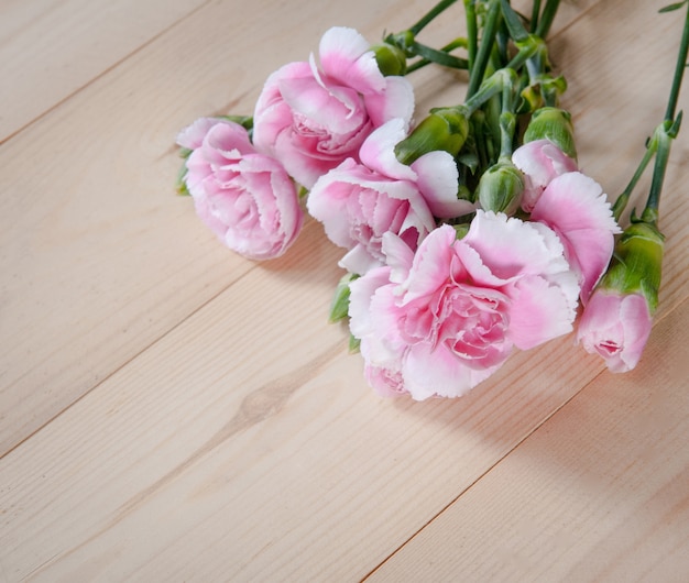 hermosa flor de clavel floreciente sobre un fondo de madera