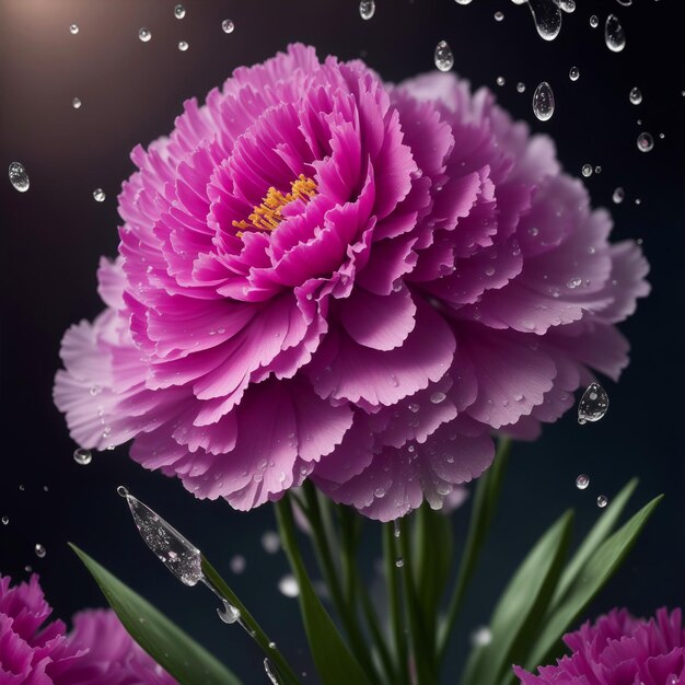 Hermosa flor de clavel con gotas de agua sobre fondo borroso Fondo de pantalla de naturaleza con tiro macro
