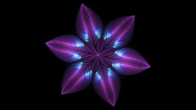 Hermosa flor de color 3d abstracto, pétalos de flores brillantes sobre un fondo negro. Render 3d