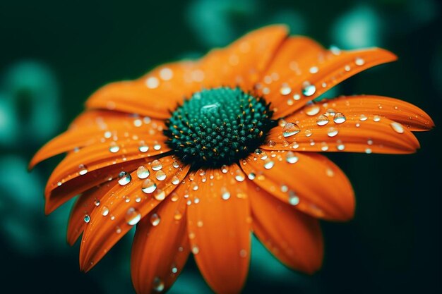 Una hermosa flor de color naranja brillante en cuyos pétalos se ven gotas de rocío en un verde borroso