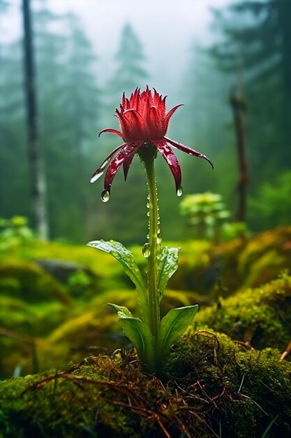 Una hermosa flor de color rojo con rocío en la mañana.