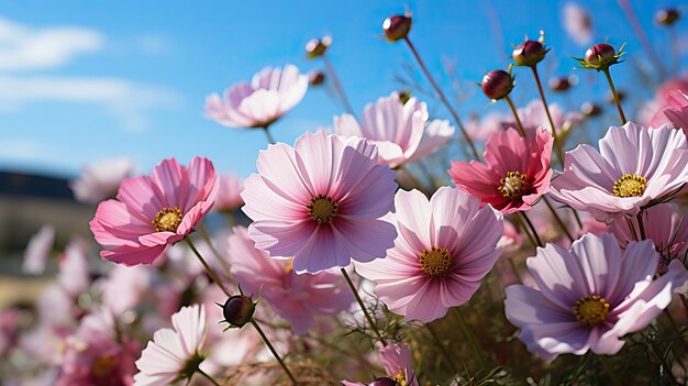 Hermosa flor del cosmos con fondo de cielo azul