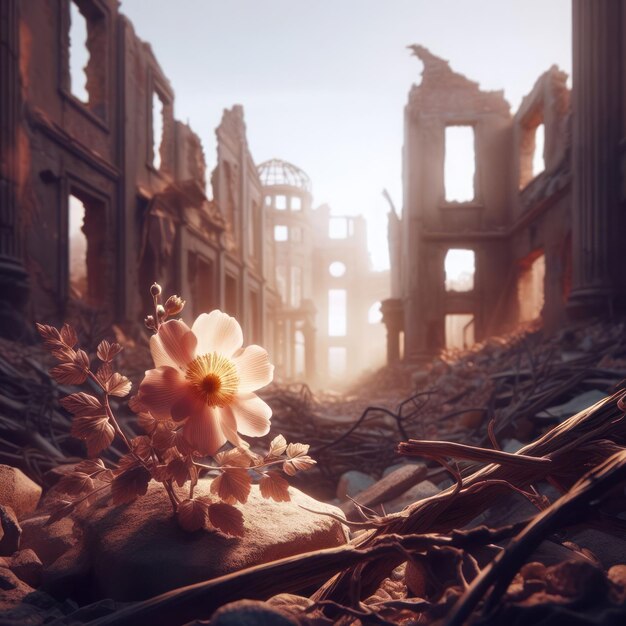 Una hermosa flor en el fondo de un edificio en ruinas