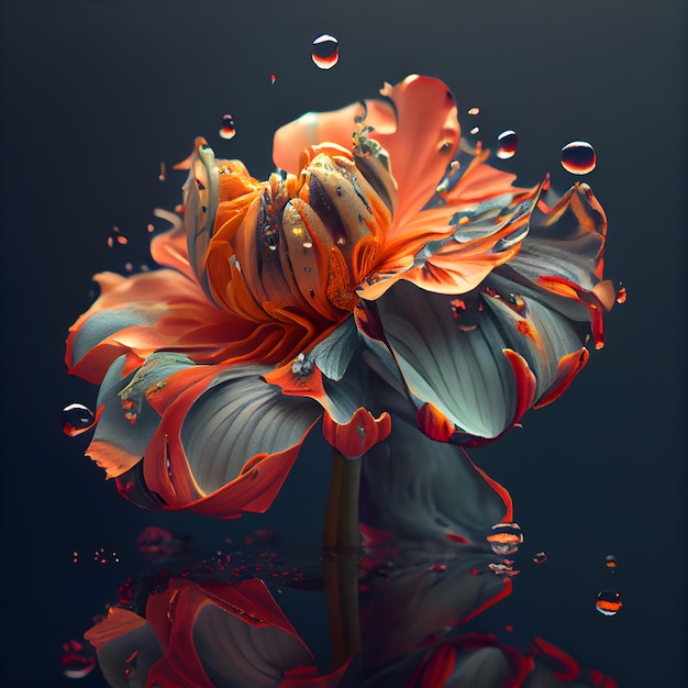 Hermosa flor con gotas de agua sobre fondo oscuro 3d render