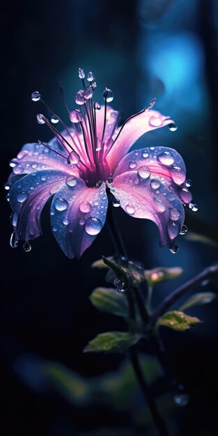 Hermosa flor con gotas de lluvia sobre fondo oscuro Foto para póster o papel tapiz AI generativa