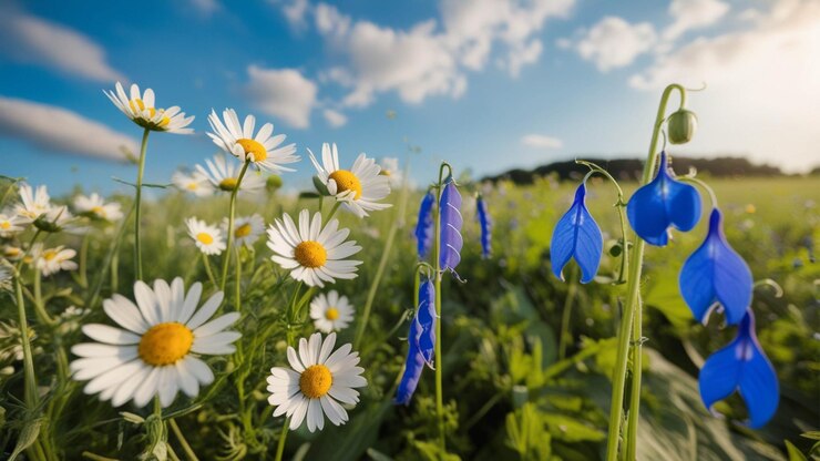 hermosa flor y hierba bajo el cielo azul