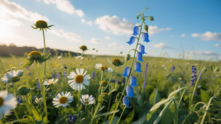 hermosa flor y hierba bajo el cielo azul