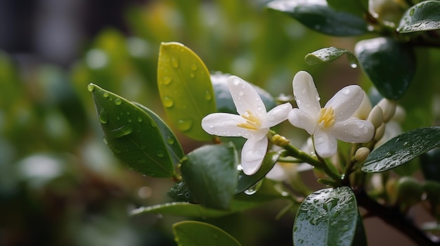 Hermosa flor de jazmín blanco con gotas de lluvia sobre un fondo verde borroso