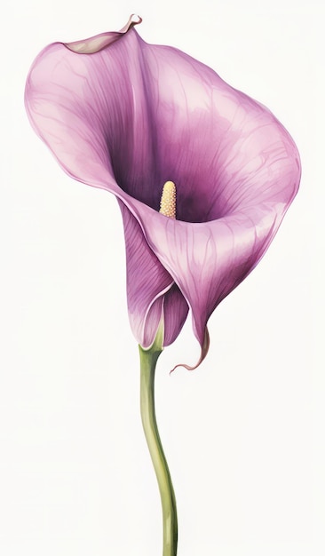 La hermosa flor de lirio de calla púrpura aislada sobre un fondo blanco