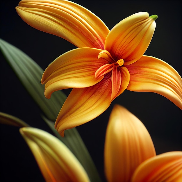 Hermosa flor de lirio de tango naranja sobre fondo de pared grunge