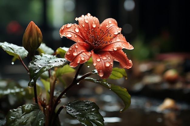 Una hermosa flor bajo la lluvia.