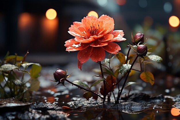 Una hermosa flor bajo la lluvia.